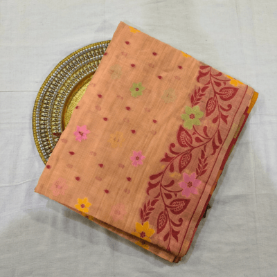 Cotton Jamdani Woven Saree — Peach — Tyohar — draped, standing