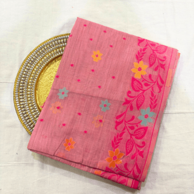 Cotton Jamdani Woven Saree — Baby Pink — Tyohar — draped, standing