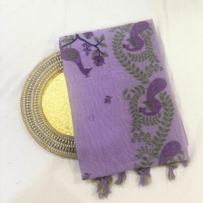 Cotton Mor Woven Saree — Purple — Tyohar — draped, standing