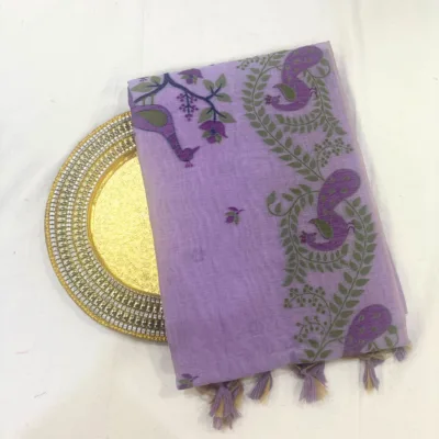 Cotton Mor Woven Saree — Purple — Tyohar — draped, standing