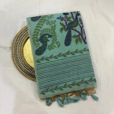 Cotton Mor Woven Saree — Mint Green — Tyohar — draped, standing