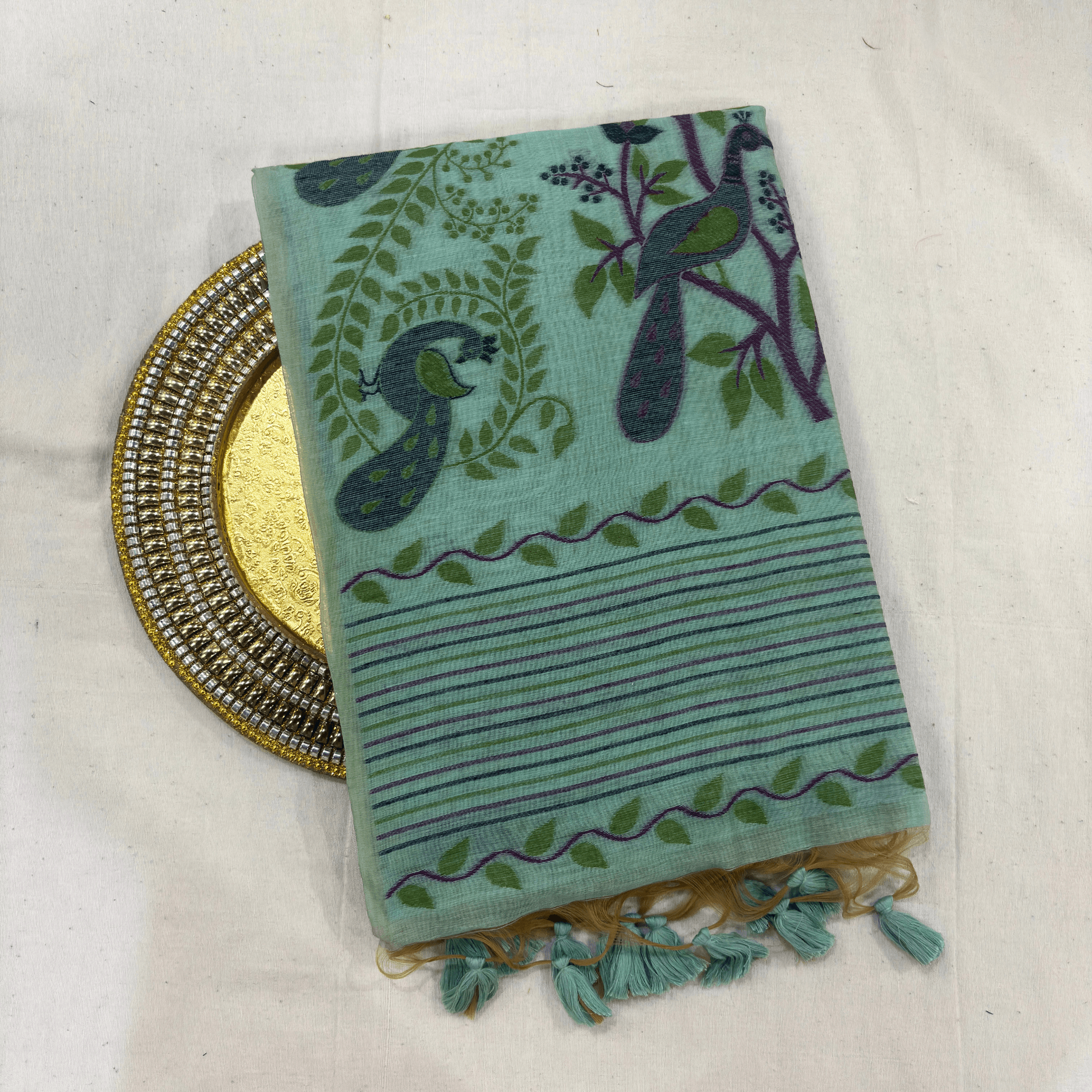 Cotton Mor Woven Saree — Mint Green — Tyohar — draped, standing