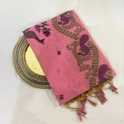 Cotton Mor Woven Saree — Pink — Tyohar — draped, standing