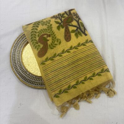Cotton Mor Woven Saree — Lemon Yellow — Tyohar — draped, standing