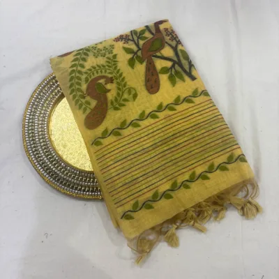 Cotton Mor Woven Saree — Lemon Yellow — Tyohar — draped, standing