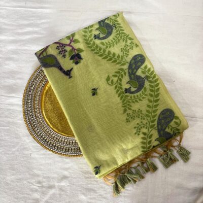 Cotton Mor Woven Saree — Lime Green — Tyohar — draped, standing