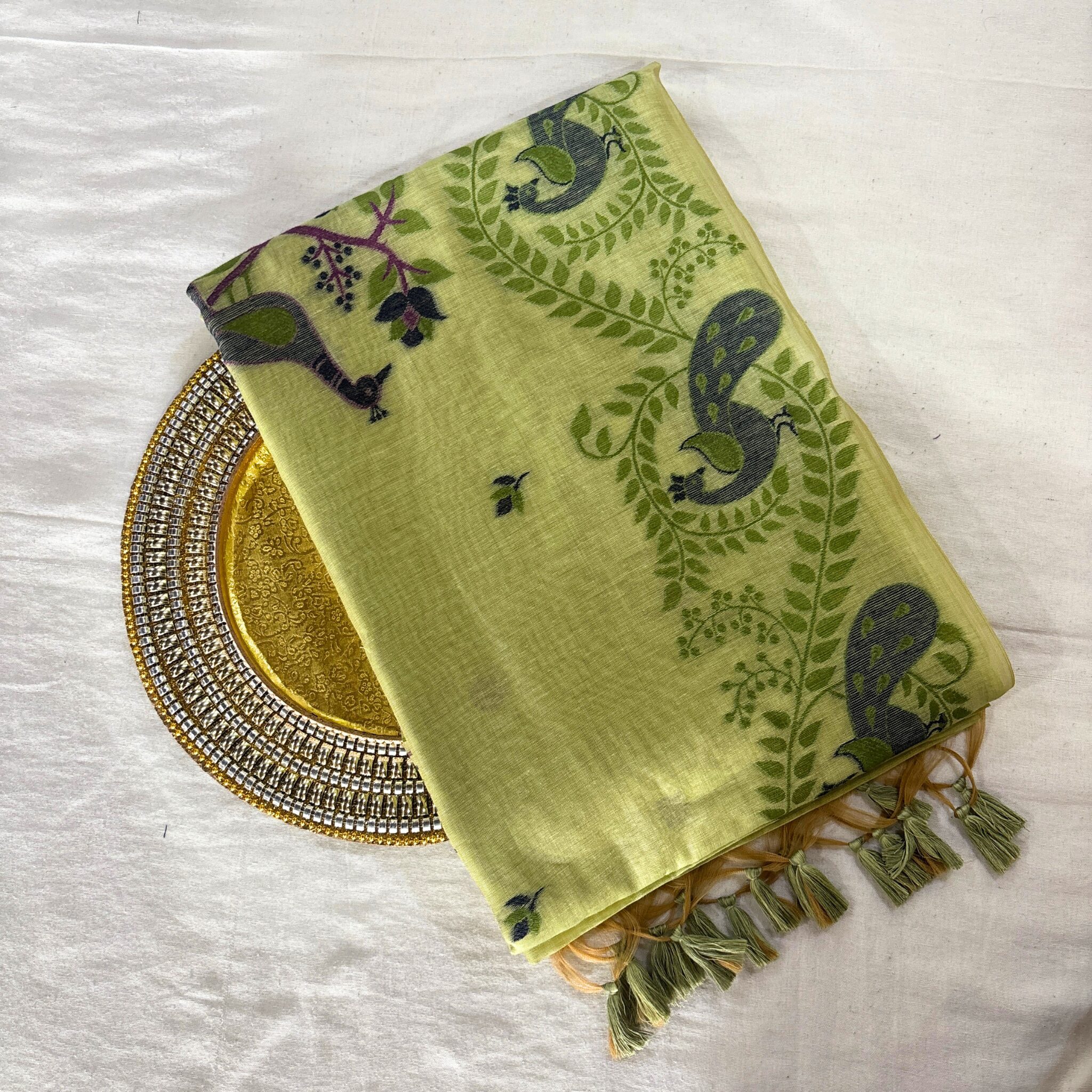 Cotton Mor Woven Saree — Lime Green — Tyohar — draped, standing