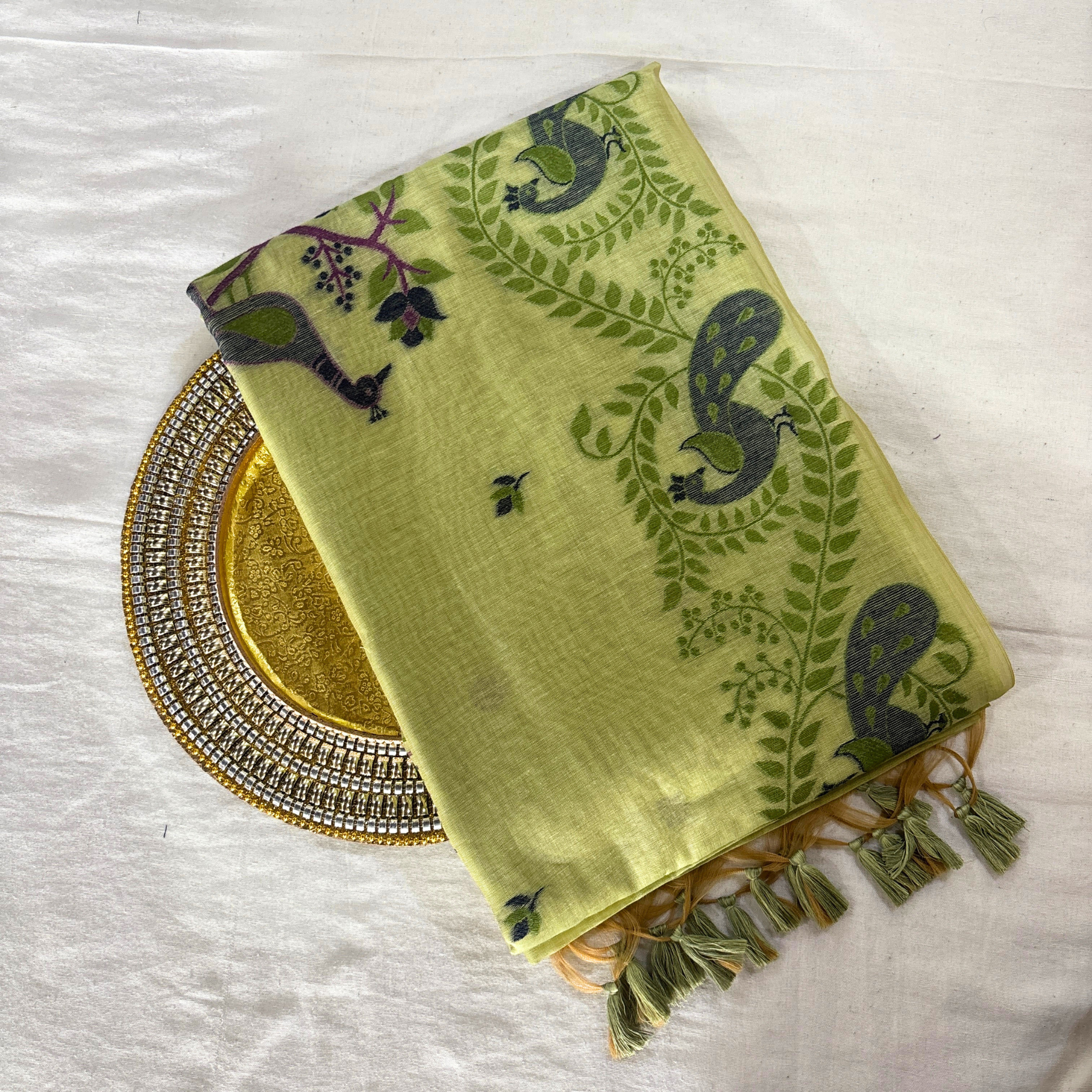 Cotton Mor Woven Saree — Lime Green — Tyohar — draped, standing