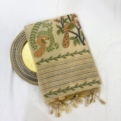 Cotton Mor Woven Saree — Beige — Tyohar — draped, standing