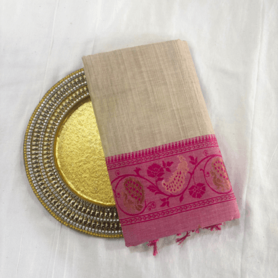 Cotton Plain Saree with Woven Border — Pink — Aarambh — draped, standing