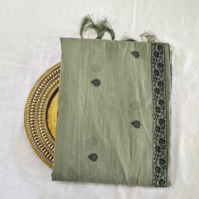 Cotton Kalamkari Woven Saree — Green — Daftar — draped, standing