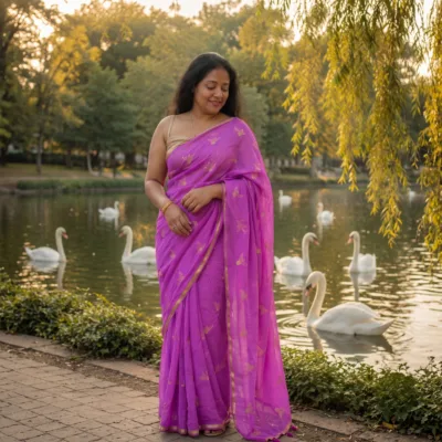 Viscose Georgette Hans Embroidered Saree — Purple
