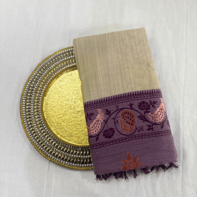 Cotton Plain Saree with Woven Border — Purple — Aarambh — draped, standing