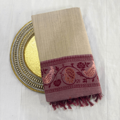 Cotton Plain Saree with Woven Border — Maroon — Aarambh — draped, standing