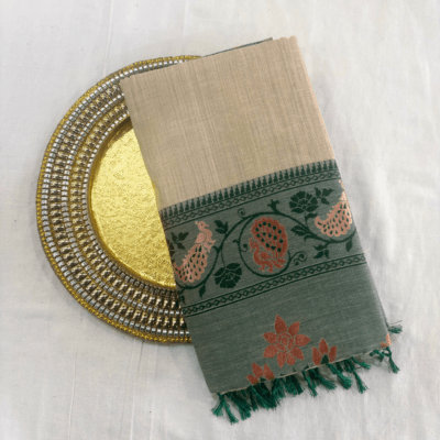 Cotton Plain Saree with Woven Border — Dark Green — Aarambh — draped, standing