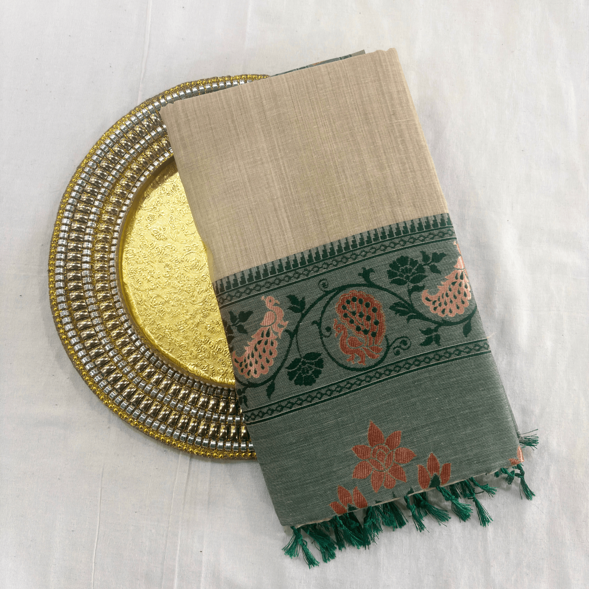 Cotton Plain Saree with Woven Border — Dark Green — Aarambh — draped, standing