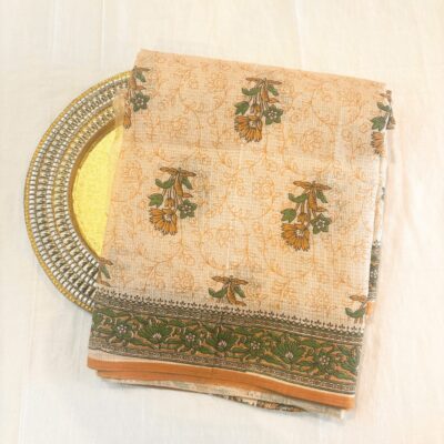 Kota Doria Floral Print Saree — Mustard Yellow — Rozana — draped, standing