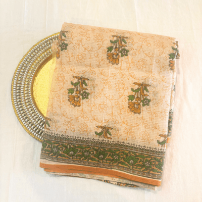 Kota Doria Floral Print Saree — Mustard Yellow — Rozana — draped, standing
