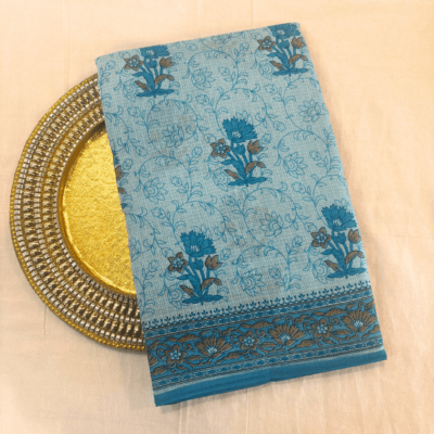 Kota Doria Floral Print Saree — Sky Blue — Rozana — draped, standing
