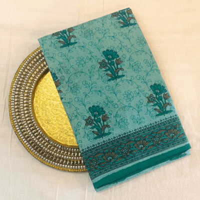 Kota Doria Floral Print Saree — Rama Green — Rozana — draped, standing