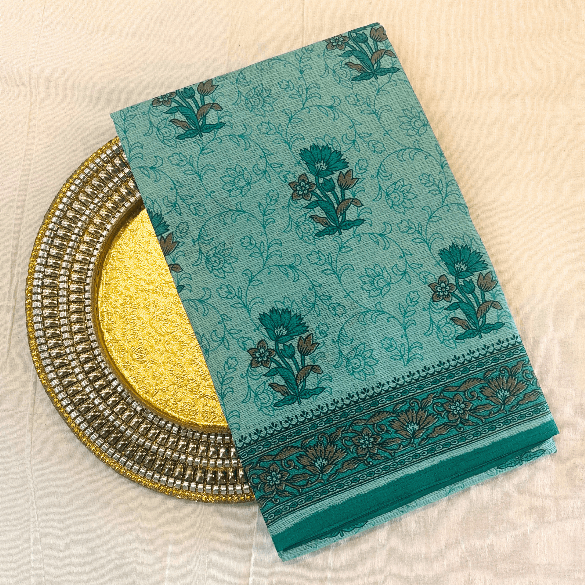 Kota Doria Floral Print Saree — Rama Green — Rozana — draped, standing