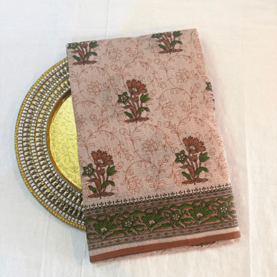 Kota Doria Floral Print Saree — Beige — Rozana — draped, standing
