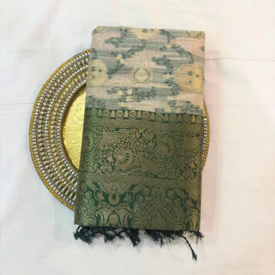 Alternative view of Cotton Geometric Bel Woven Saree — Leaf Green