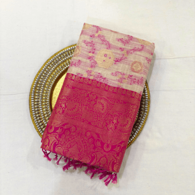 Alternative view of Cotton Geometric Bel Woven Saree — Rani Pink