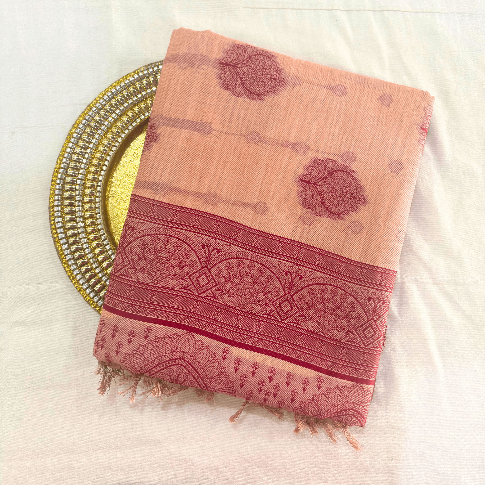 Cotton Bouquet Woven Saree — Peach - Image 2