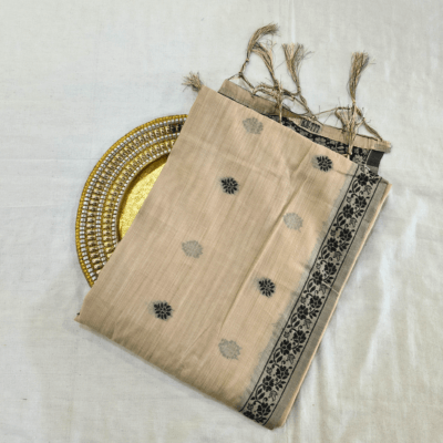 Cotton Kalamkari Woven Saree — Beige — Daftar — draped, standing