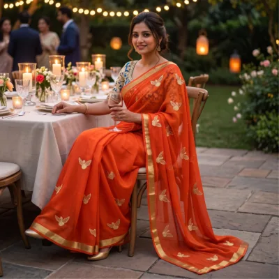 Viscose Georgette Hans Embroidered Saree — Rust Orange
