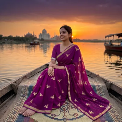 Viscose Georgette Hans Embroidered Saree — Violet