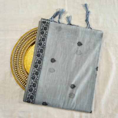 Cotton Kalamkari Woven Saree — Grey — Daftar — draped, standing