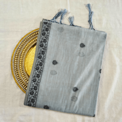 Cotton Kalamkari Woven Saree — Grey — Daftar — draped, standing