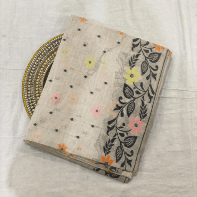 Cotton Jamdani Woven Saree — Beige — Tyohar — draped, standing