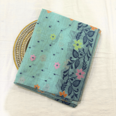 Cotton Jamdani Woven Saree — Ice Blue — Tyohar — draped, standing