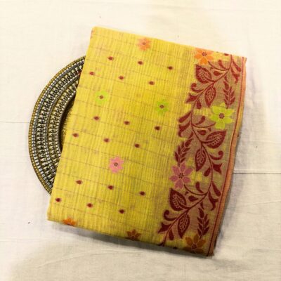 Cotton Jamdani Woven Saree — Lemon Yellow — Tyohar — draped, standing