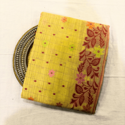 Cotton Jamdani Woven Saree — Lemon Yellow — Tyohar — draped, standing