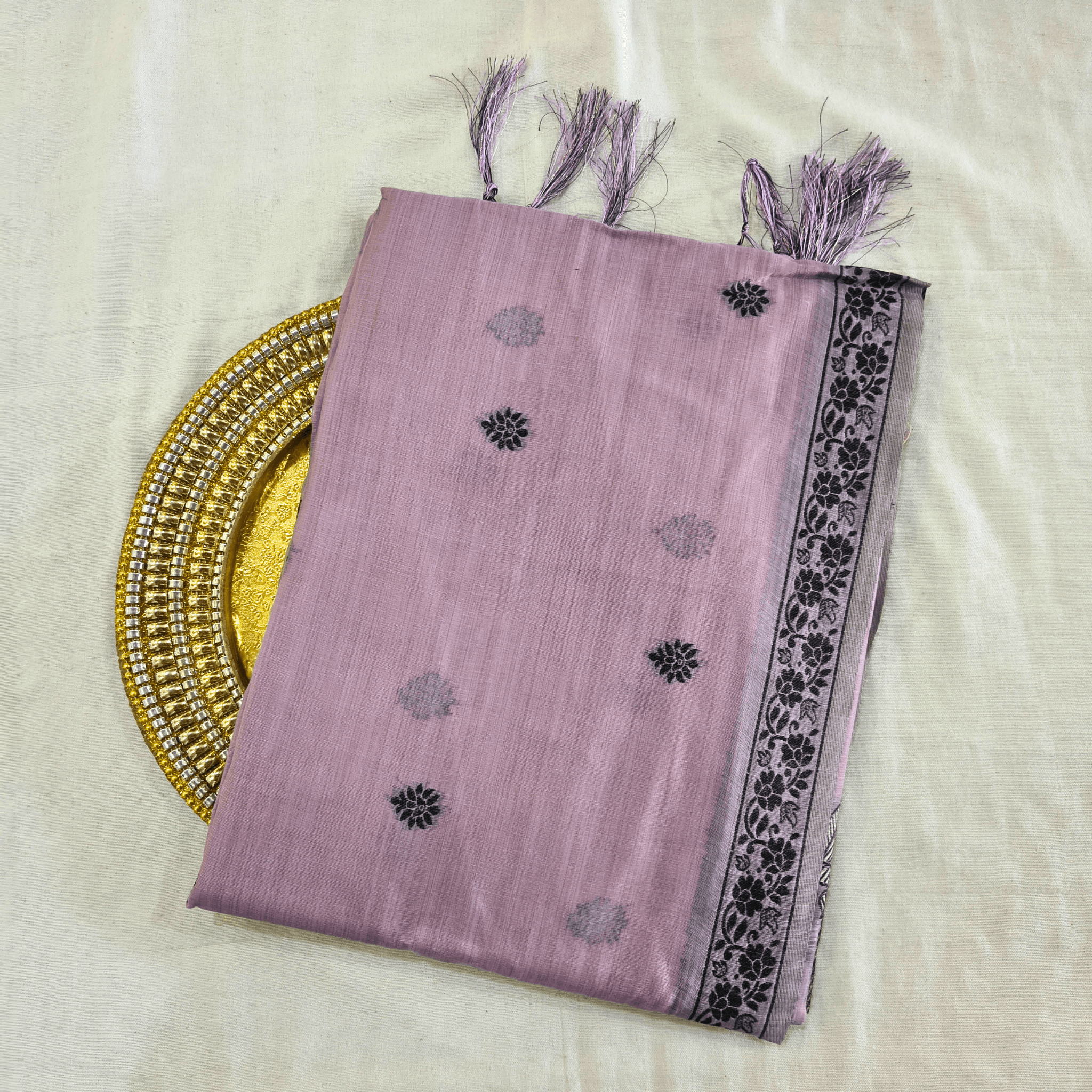 Cotton Kalamkari Woven Saree — Purple — Daftar — draped, standing