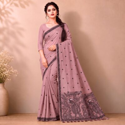 Cotton Kalamkari Woven Saree — Pink — Daftar — flat lay