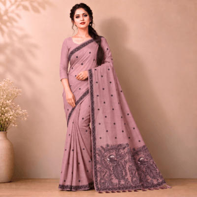 Cotton Kalamkari Woven Saree — Pink — Daftar — flat lay