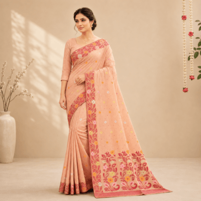Cotton Jamdani Woven Saree — Peach — Tyohar — flat lay
