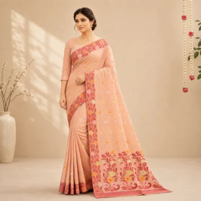 Cotton Jamdani Woven Saree — Peach — Tyohar — flat lay