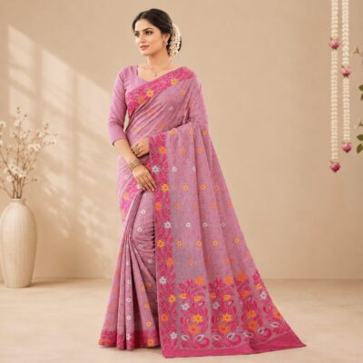 Cotton Jamdani Woven Saree — Baby Pink — Tyohar — flat lay