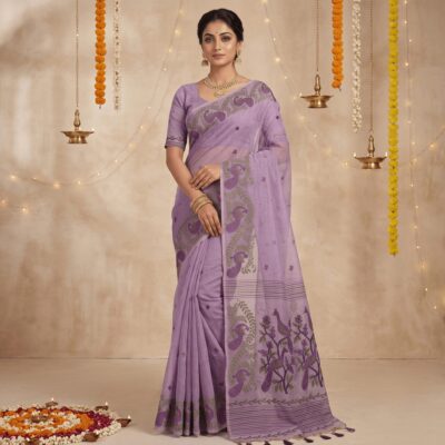 Cotton Mor Woven Saree — Purple — Tyohar — flat lay