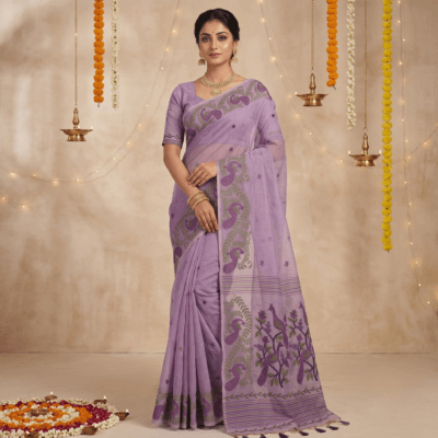 Cotton Mor Woven Saree — Purple — Tyohar — flat lay
