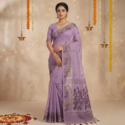 Cotton Mor Woven Saree — Purple — Tyohar — flat lay