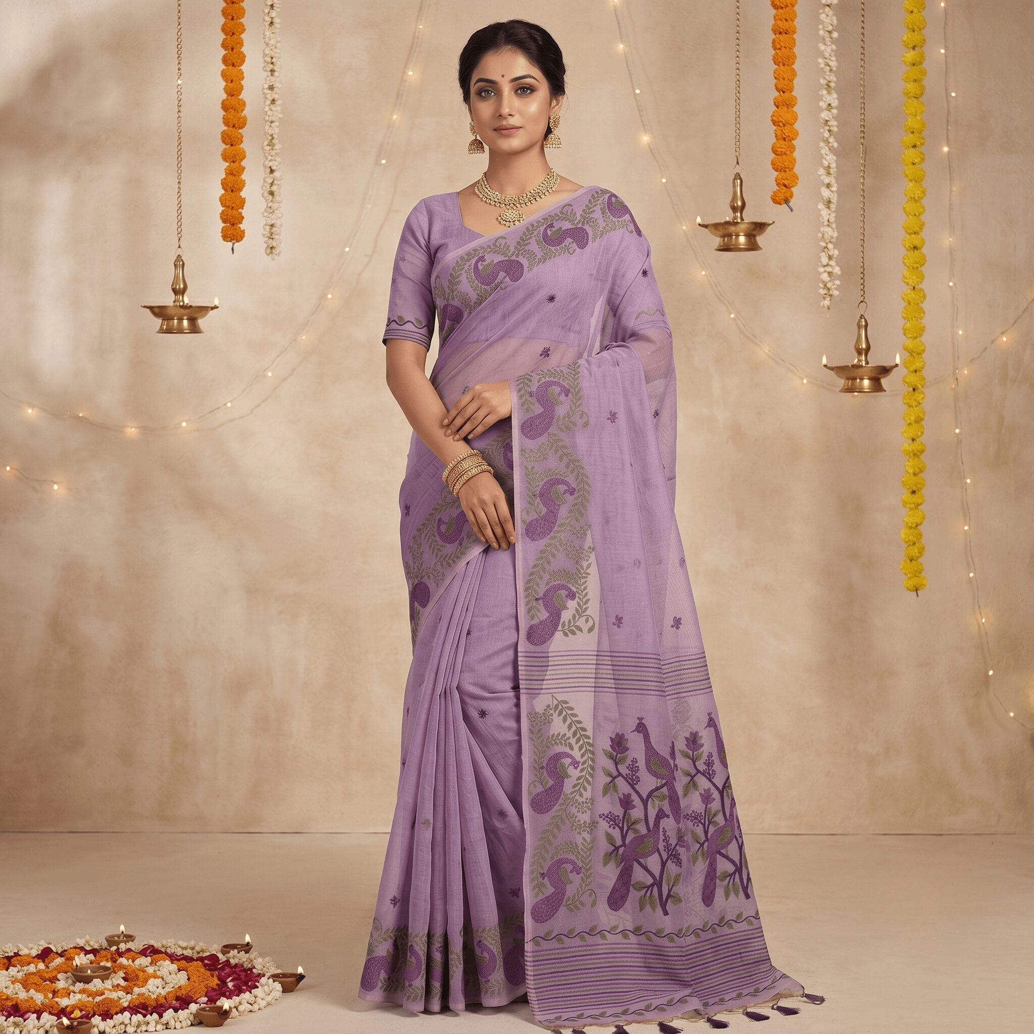 Cotton Mor Woven Saree — Purple — Tyohar — flat lay