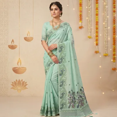 Cotton Mor Woven Saree — Mint Green — Tyohar — flat lay