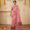Cotton Mor Woven Saree — Pink — Tyohar — flat lay